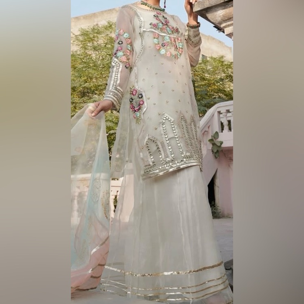 Nikah Pakistani Cream and Gold Embroidered dress sharara  with mirror work